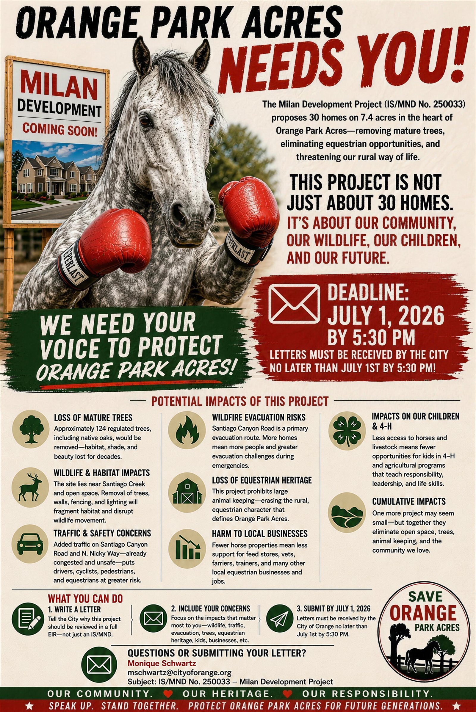 Save Orange Park Acres advocacy flyer regarding the Milan Development Project, shown full size